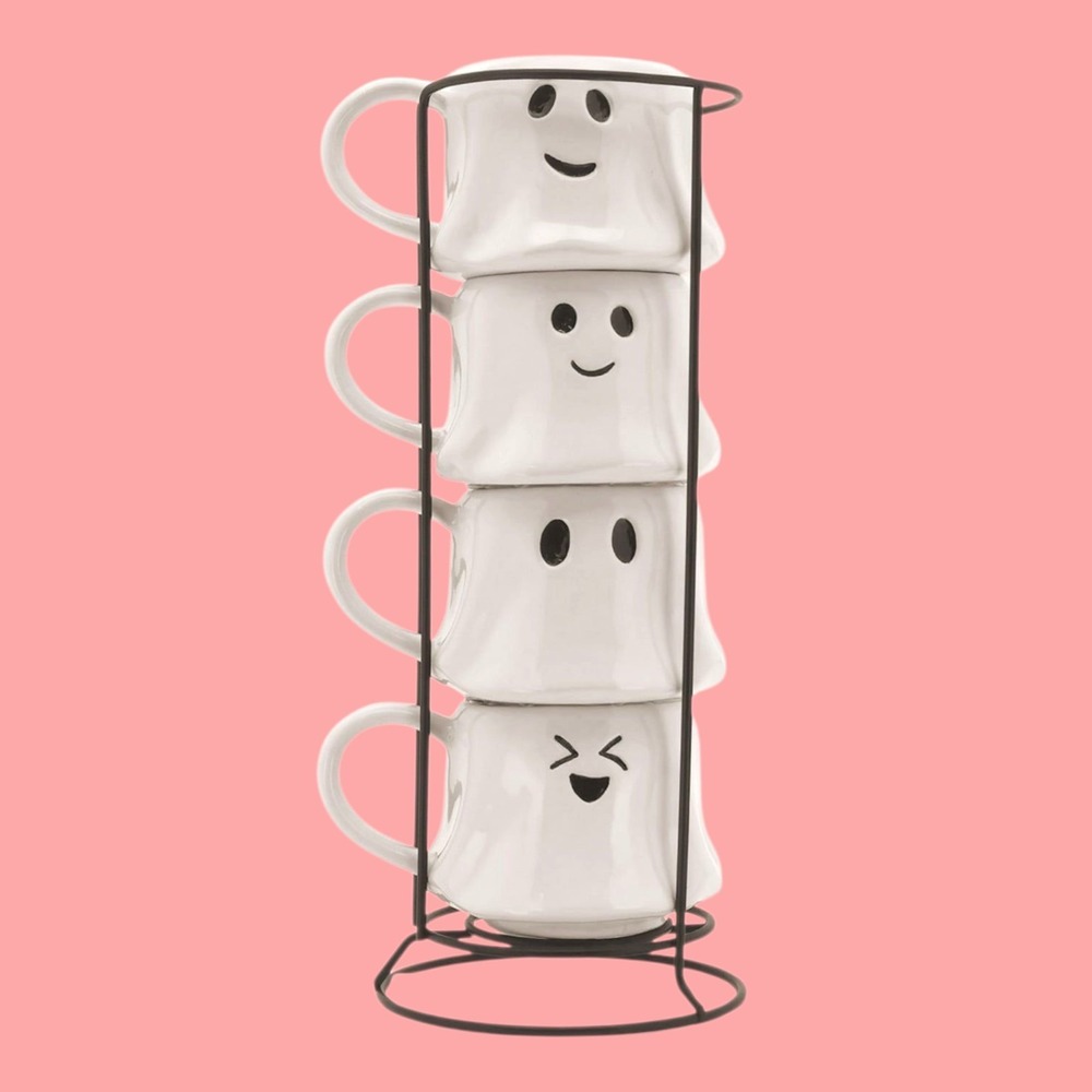 Halloween Ghost Stacking Mugs Set of 4 with Metal Rack White Ceramic Coffee Cups